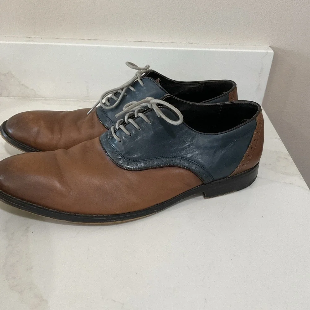 Aston Grey Mens 12 Leather Two Tone Saddle Oxford Dress Shoes Brown Navy Wingtip